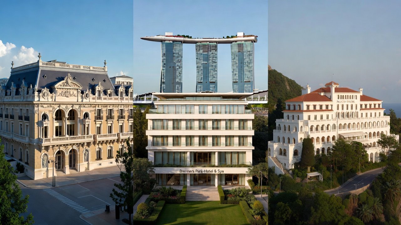 A triptych of hotels: an ornate stone facade, a modern hotel behind a lawn and a white palace on a wooded hillside