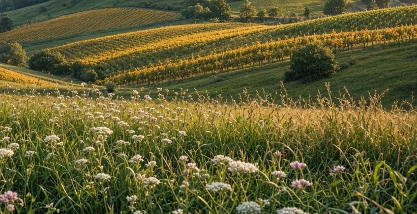Late-afternoon sun on vineyard rows and wildflowers along a gentle slope